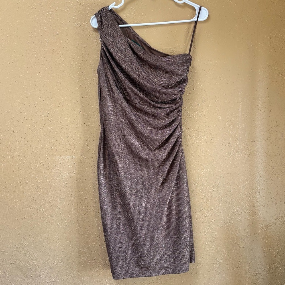 Lauren Ralph Lauren Metallic Bronze One Shoulder Ruched Cocktail Dress 6P - Picture 3 of 8
